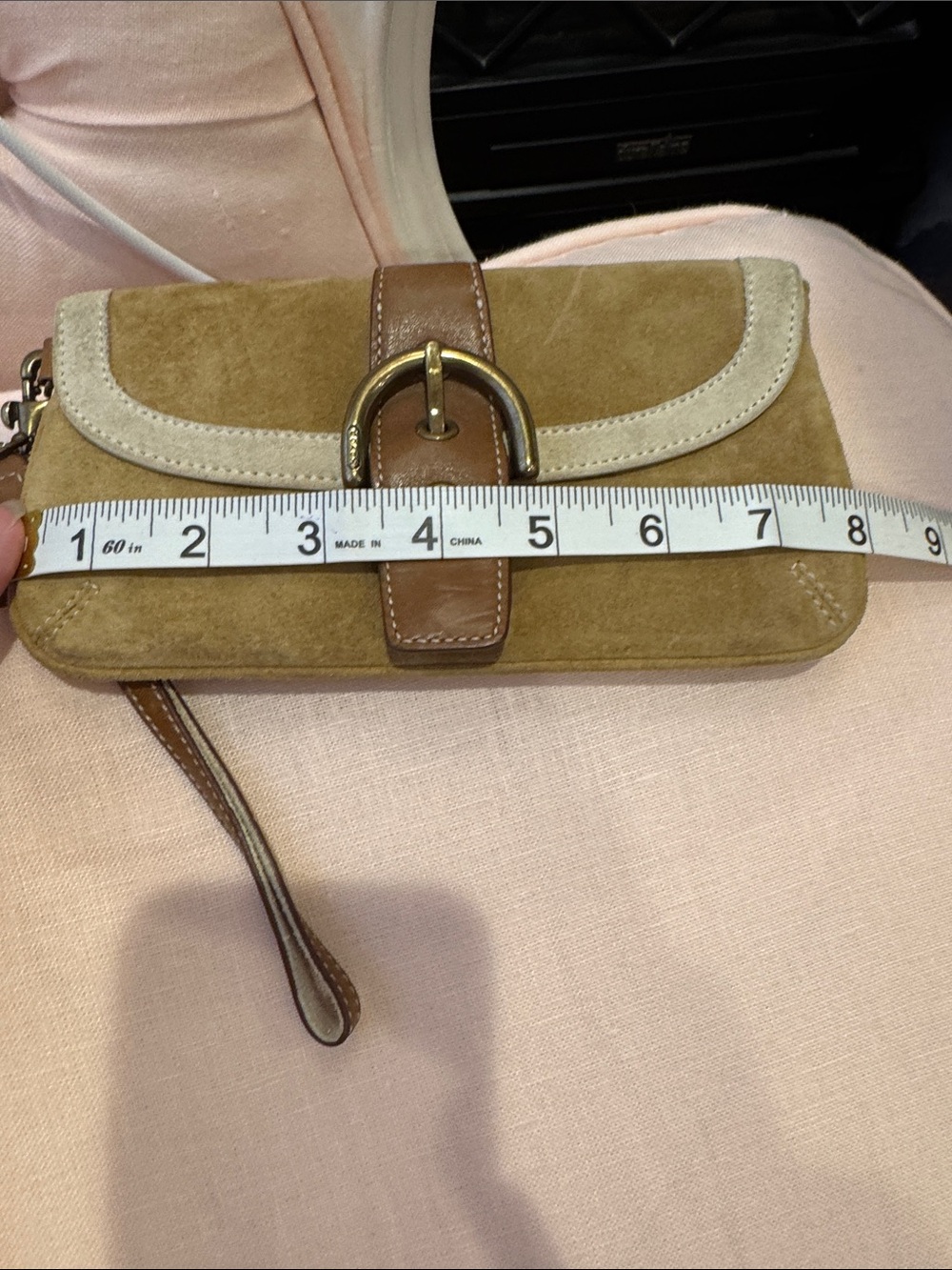 Coach soho Suede Wristlet Clutch in Tan and Brown Leather Trim - Picture 7 of 8